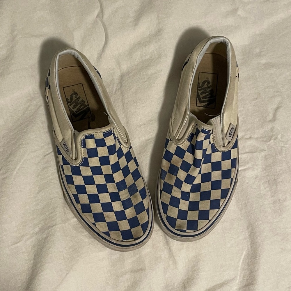 Blue checkered slip on vans